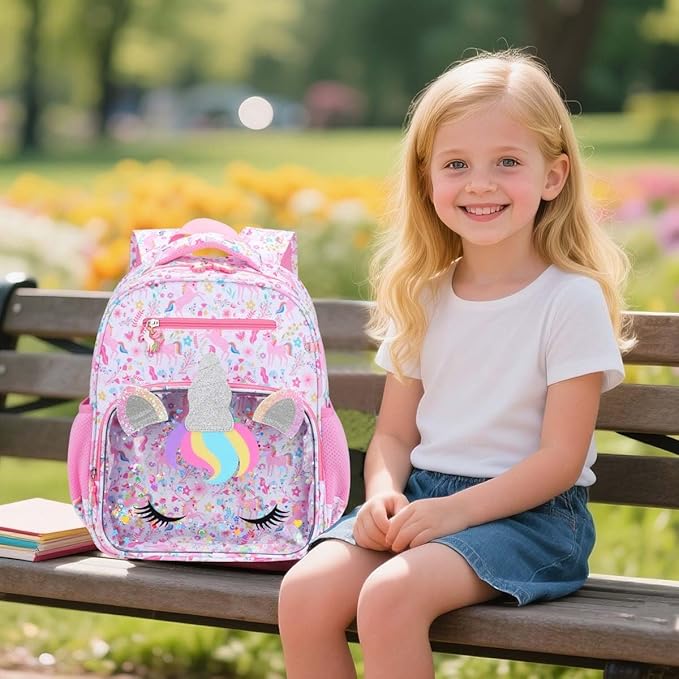 RHCPFOVR Kids Backpack for Girls - Unicorn Girls Backpack Ages 5-8, 15 Inch School Bookbag for Kindergarten Elementary School 1st 2nd Grade