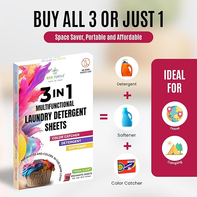 Color Catcher Fabric Softener Laundry Detergent Sheets 25 Loads Fresh Scent, Plant based, No Plastic Jugs Travel Friendly, Ultra Concentrated Mix Colored with Whites Detergent Softener & Color Catcher