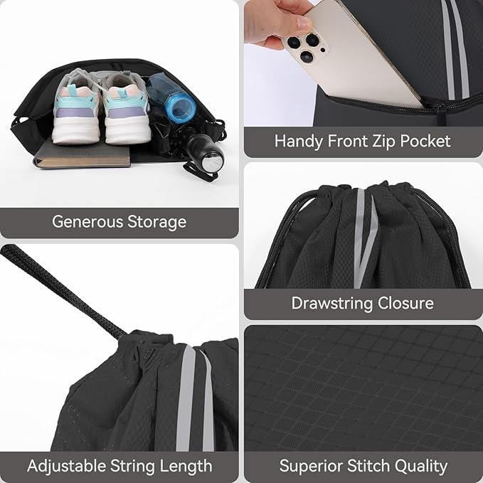 Drawstring Backpack Sports Gym Bag, Draw String Back Bag for Men Women, Lightweight Sackpack with Zipper Pocket, Durable Large Two Tone Black