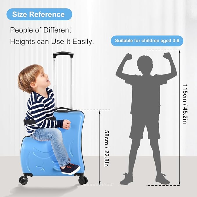 24 Inch Kid Ride Suitcase, Kid Luggage Seat Ride With Lock - Kids Travel Trolley With Safety Belt, Kids Luggage With Wheels Child Stroller Spinner Luggages, ABS+PC (Blue, 6-12 Years)