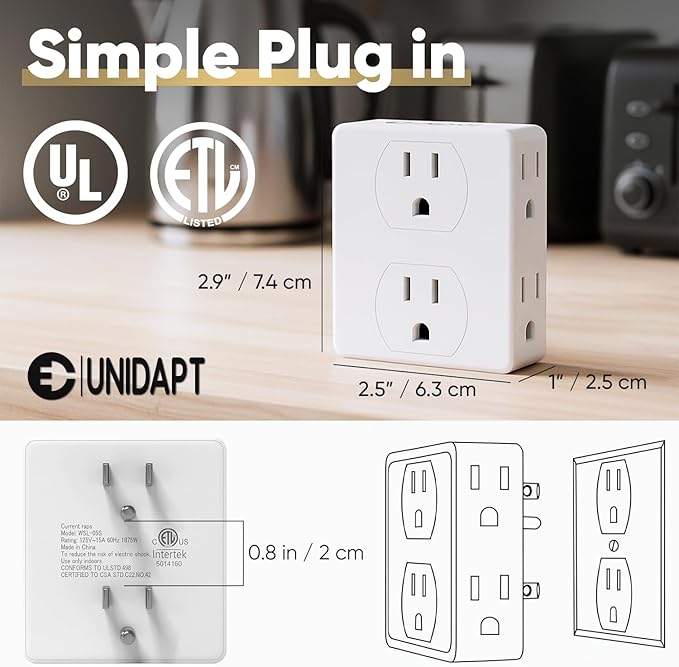 Multi Plug Outlet Splitter, Unidapt Multiple Outlets Extender Adapter with 6 AC Power Socket, Side Splitter Box, Wall Tap Plug Expander for Home Hotel Office Dorm Essentials, 2-Pack