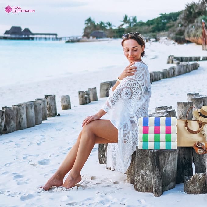 CASA COPENHAGEN Cabana Towel 4Pcs Multicolour Designer Stripe Beach Towels Gift Set, 30"x60" Oversized 100% Cotton Pool Bath Towel for Beach Gift Set (Perfect Summer Gift Set for Women & Men)