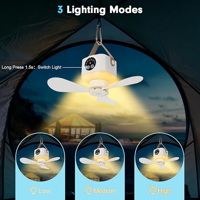 Portable Ceiling Fan with Lights Remote,USB Rechargeable Camping Fan,9.25" Wireless Tent Fan with 4 Speeds,Timer,Battery-Powered Ceiling Fan for RV,Truck,Rooftop Tent,Travel,Camping