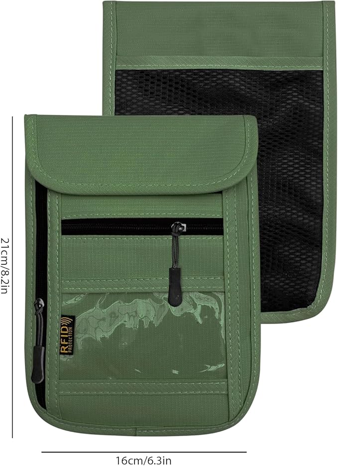 RFID Blocking Travel Neck Wallet Pouch and Passport Holder, Travel Neck Pouch Passport Holder for Women & Men - Army Green