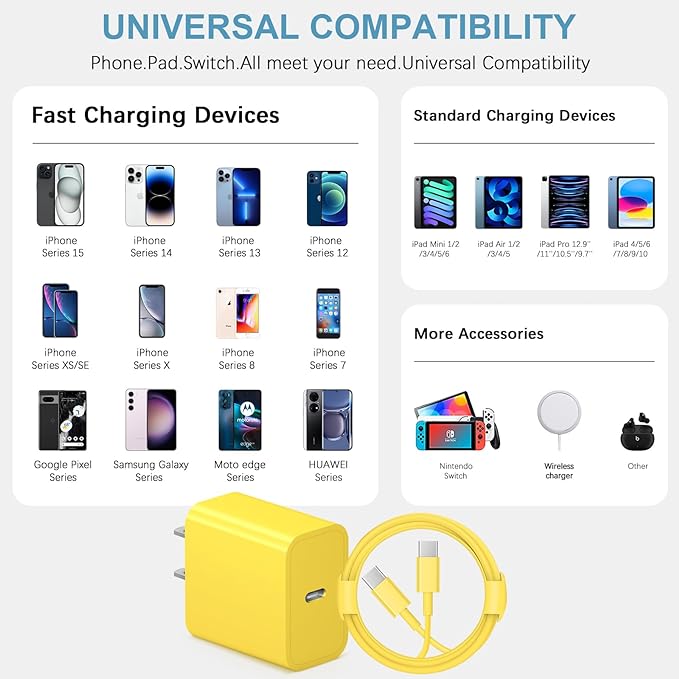 10FT iPhone 17 16 15 Charger Fast Charging USB C Charger Block Type C Chagrer Fast Charging 2-Pack for iPhone 17/17 Plus/17 Pro/17 Pro Max/iPhone 16/16 Plus/16 Pro/16 Pro Max/15/15 Pro Max(Yellow)