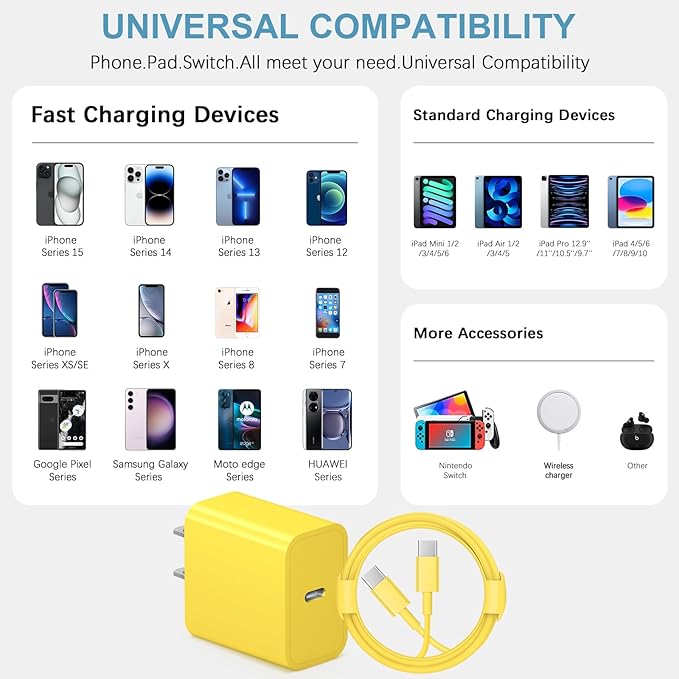 iPhone 17 16 15 Charger Fast Charging Type C Chargers USB C Charger Block iPhone Air Chargers with 2 Pack 6FT Cable for iPhone 17/17 Plus/17 Pro Max/16/16 Plus/16 Pro Max/15 Pro Max/iPad Pro(Yellow)