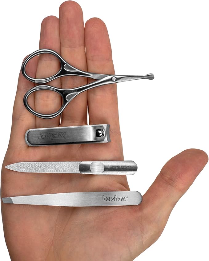 Kershaw Manicure Kit, 4-Piece Stainless Steel Set with Case, Mens Grooming Kits, Includes Fingernail Clipper, Double-Sided Nail File, Beard and Moustache Scissors and Tweezers