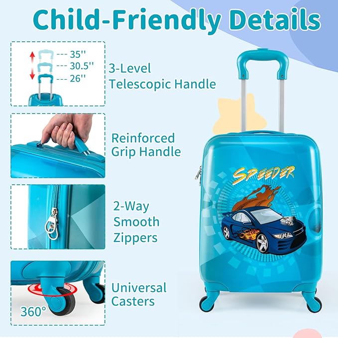 Goplus 2 PCS Kids Luggage, 13" & 16" Carry-on Suitcase w/Spinner Wheels, Telescopic Handle, Hard Shell Rolling Trolley Luggage for Toddler Boys Girls Travel, Airline Approved (Blue, Racing Car)