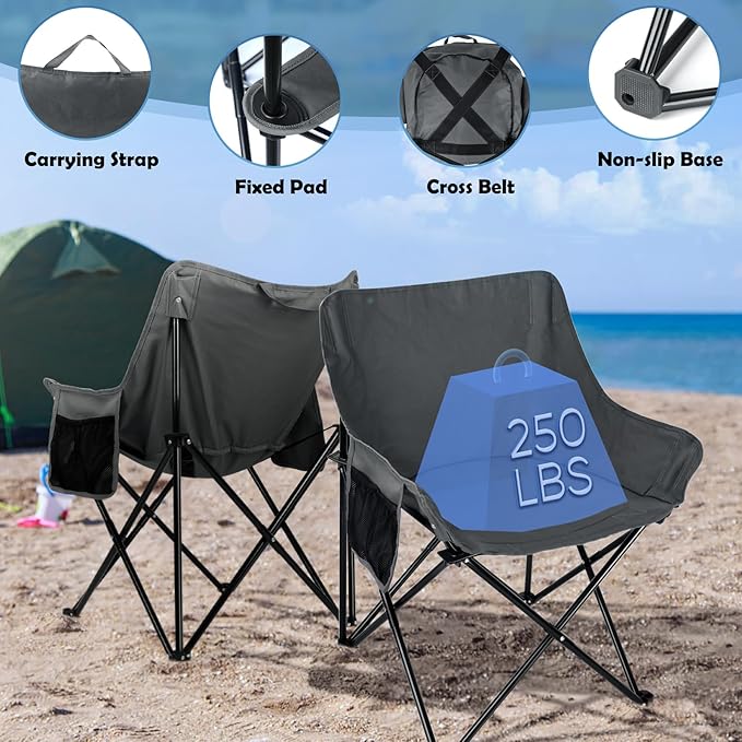 HaSteeL Camping Chair for Adults, Compact Folding Portable Chairs Set with Side Pockets for Outdoors Fishing, Hiking, Backpacking, Picnic, Beach, Travel, Supports to 250lbs, & Storage Bags (Grey)