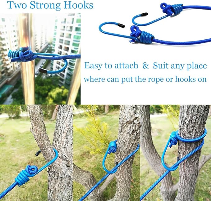 Adjustable Elastic Clothesline with Clips and Positioning Balls Portable Retractable Windproof Laundry Hanging Rope Anti-Skid Washing Line with Drawstring Bag (Light Blue)