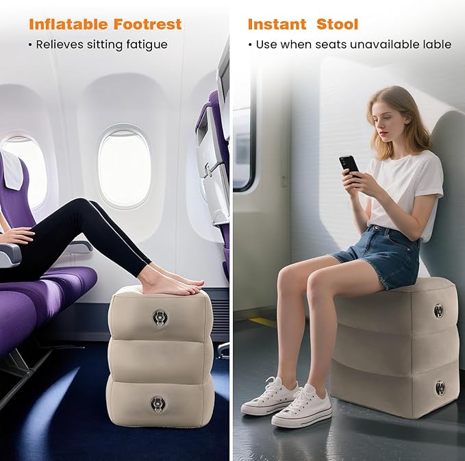 Inflatable Foot Rest Pillow for Travel, 5 Height Adjustable Leg Rest Pillow for Economy Class, Car, Office and Homes