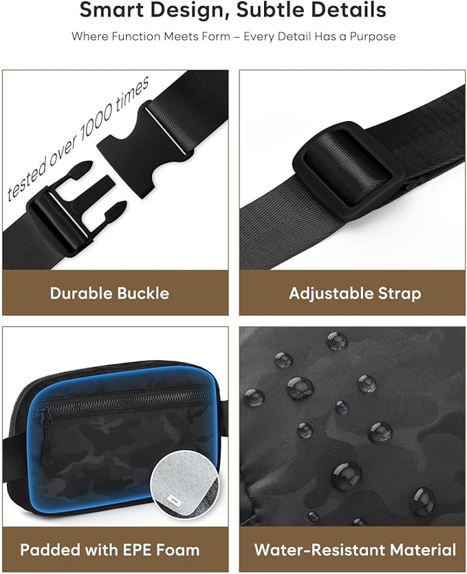 Pritent Fanny Packs for Women Cross Body Bag Waterproof Belt Bag with Adjustable Strap and Zipper Back Pocket Small Crossbody Bags Fashion Waist Packs for Workout Travelling(Camo Black)