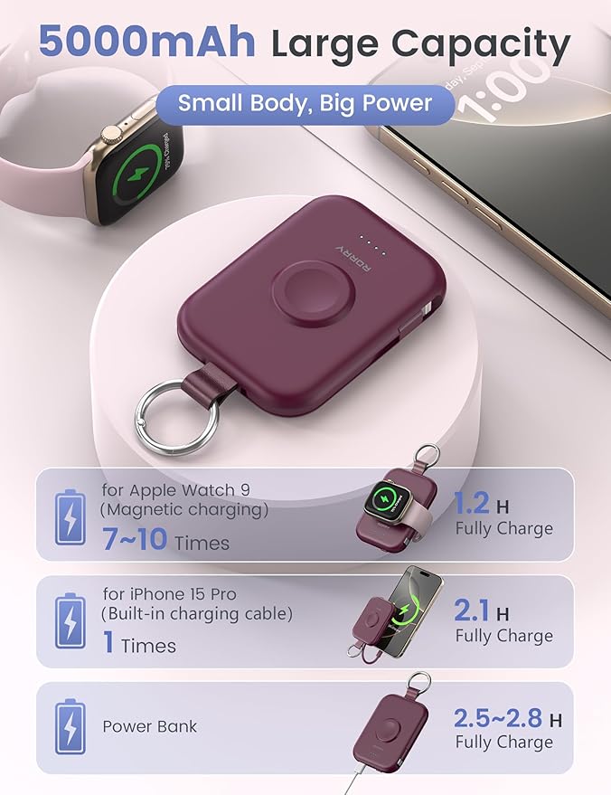 RORRY CharmGo Portable Charger, 5000mAh Portable Charger Power Bank with Built-in Cables, Travel Keychain Battery Pack for Apple Watch and iPhone Air/17/16/15/14/13/12, Burgundy
