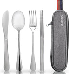 Travel Utensils with Case, Quatish Portable Silverware Set for Work, Stainless Steel Reusable Travel Cutlery, Fork and Spoon Set for Camping, Picnic, Gadgets, Lunch Box for Men, Christmas Gift, Silver