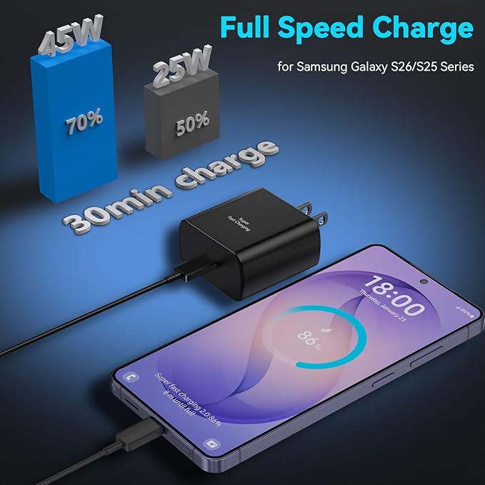 45W Super Fast Charger USB C Android Phone Type C Charger Fast Charging Block with 10FT Cord for Samsung Galaxy S26/S26 Ultra/S26+/S25 Ultra/S25/S24 Ultra/S24/S23 Ultra/S22/S21/S20/Note 10, Black
