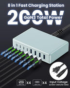 USB C Charger 200W USB C Charger Block,Upgraded GaN III 8-Port Fast Charging Station Hub,PD 65W Laptop Charging Adapter Compatible with MacBook Pro/Air,DELL,Steam Deck,iPhone 16/15/14,Galaxy S23/22
