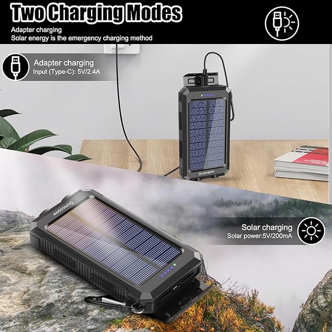 Solar Charger Power Bank, 8000mAh Portable Outdoor Waterproof Solar Battery Charger, Camping External Backup Battery Pack USB C Ports Input/Output, 2 Led Light Flashlight with Compass (Black)