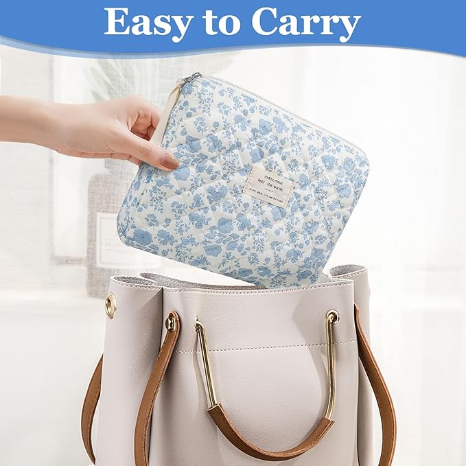 Gosect Large Makeup Bag, Cute Cosmetic Bag for Women Girls, Floral Coquette Aesthetic Toiletry Bag, Travel Make Up Organizer Bag(Blue Floral)
