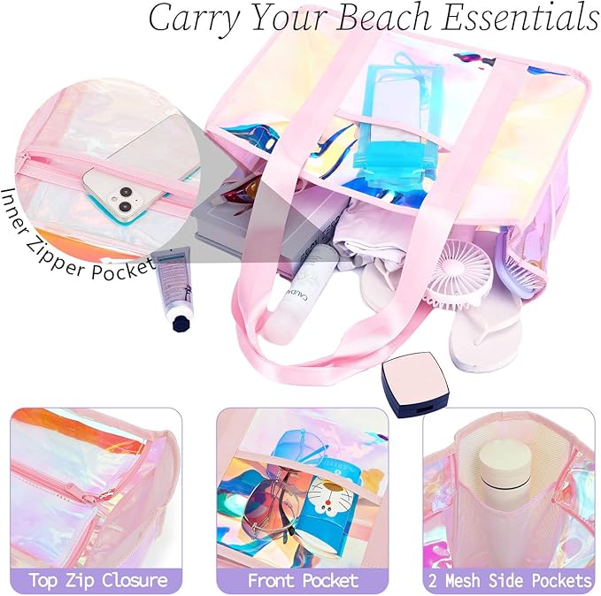 Fammart Iridescent Clear Beach Bag for Women, Jelly Tote Bag Waterproof Sandproof Pool Bag Cruise Vacation Essentials