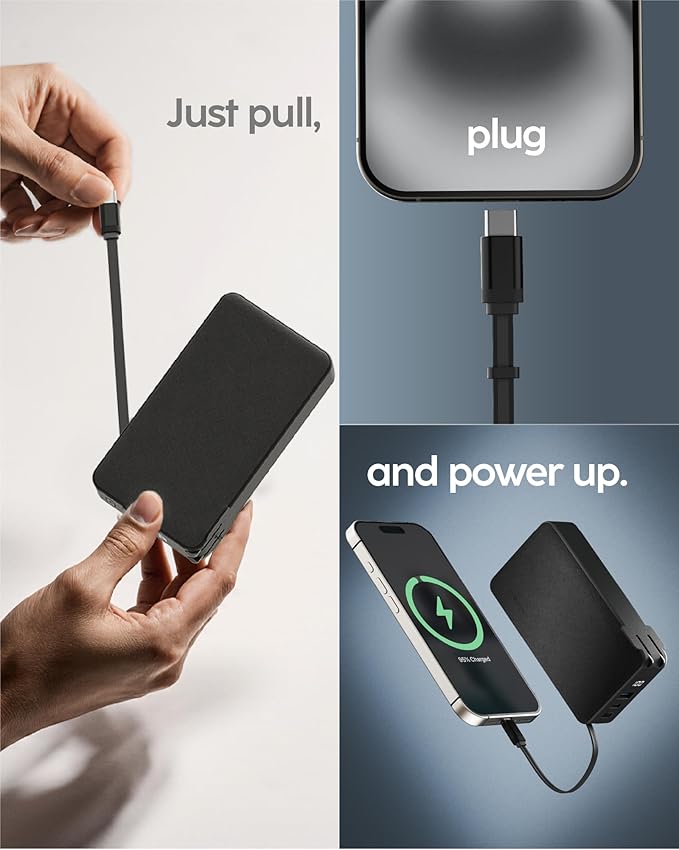 myCharge RetractaCharger 10000mAh Portable Charger Power Bank with 28-Inch Retractable USB-C Cable | Premium Fabric | Built-in Wall Plug | 30W PD Fast Charging | USB-C/A Ports | Digital Display