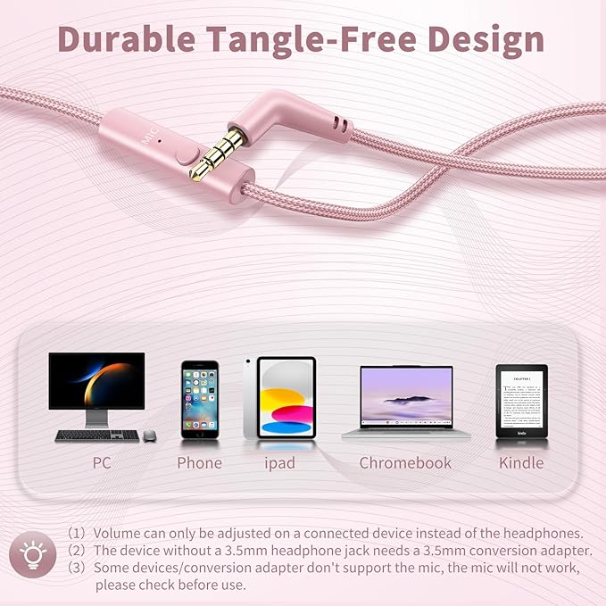 Botesty Sound Wired Headphones with Microphone, Over Ear 3.5mm Plug in Headphones with 4.9ft Tangle-Free Nylon Cord for Tablet, Laptop, MP3/4, School, Airplane Travel (Pink)