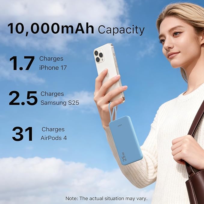 NOBIS Portable Charger 10000mAh 25W Power Bank Fast Charging Battery Pack with Built-in Type-C Cable, USB-C in/Out, USB-A Output with LED Display for Phone 17 S25
