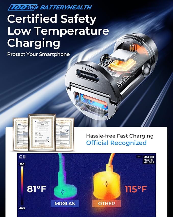 MRGLAS 90W USB C Car Charger Fast Charging,[Invisible Design] All Metal Car Charger USB C PD45W+QC3.0 Dual Port Cigarette Lighter Car Adapter for iPhone 17 16 Pro Max Plus 15 Samsung S26 S25 Ultra