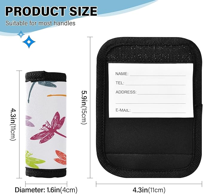 2 PC Luggage Handle Wrap Luggage Handle Covers Tags for Suitcase Bags Travel Luggage Handle Identifier Gripper Dragonfly Colorful