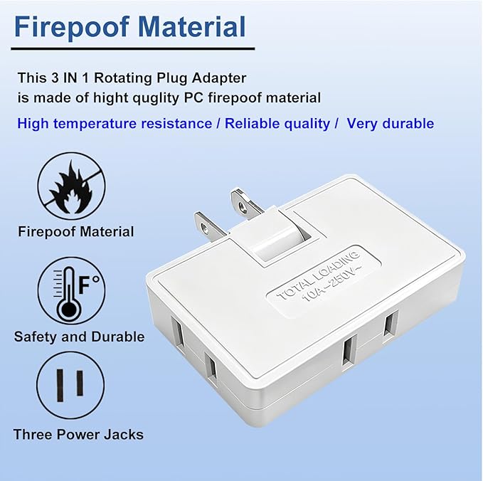 3 Way Flat Wall Outlet Extender,2 Prong180 Degree Portable Swivel Wall Tap Plug,Ultra Thin Folding Electrical Outlet Splitter (Easy Install),Type A,White,Pack of 2