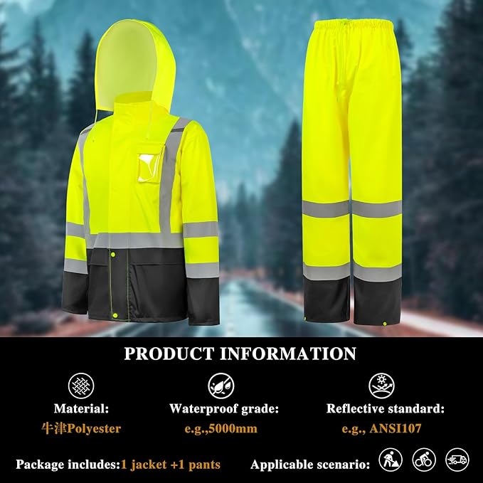 Men's Hi Vis Safety Rain Jacket Reflective Rain Suits For Men Waterproof Breathable Lining Oxford Fabric Work Wear