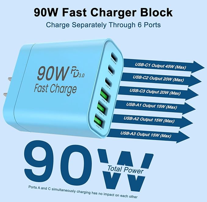 90W GaN USB C Charger Block [3 Pack],6-Port USB C Wall Charger Fast Charging 45W PD Power Adapter for MacBook Air/iPad Pro/iPhone 17Pro Max/Samsung Galaxy S24 Ultra/Tabs for Home Travel