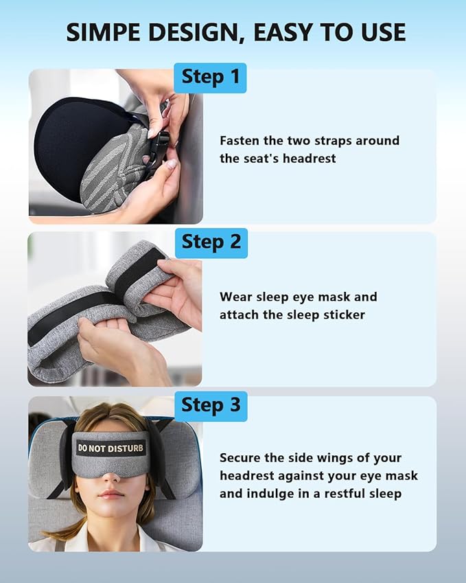 Travel Pillows for Airplanes, Airplane Head Strap with Eye Mask for Long Flight Sleeping Travel, 360° Support Neck Pillow for Plane Car Road Trips Seat Sleep, No Head Waving (White)