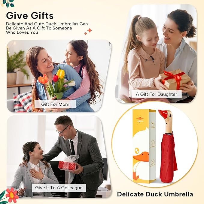 Compact Small Umbrellas for Rain&Sun, Cute Design Duck Head Umbrella for Girls Gifts, 8 Ribs Folding Umbrella with Wooden Handle