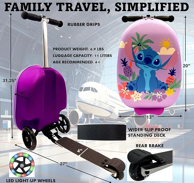 Disney Stitch 2-in-1 Kids Scooter Suitcase & Ride-On Carry-On Luggage Lightweight Travel Case with Built-in Kick Scooter