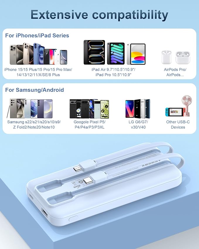 AsperX 2-Pack 10000mAh Portable Charger with Built-in Cables, USB C Travel Essential Battery Pack with 4 Outputs 2 Inputs,LED Display Power Bank with Cord Wires for iPhone Samsung Google Pixel iPad