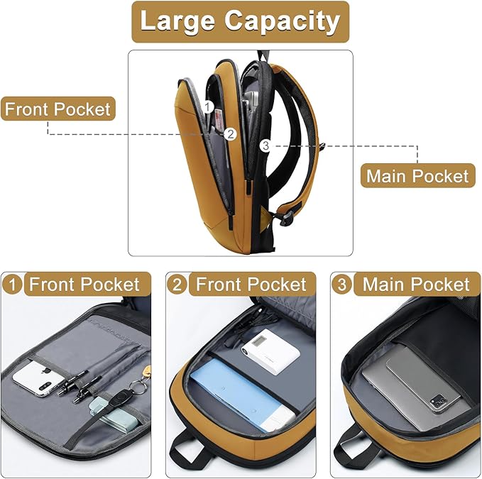 hk Business Backpack for Men 17 Inch,Slim & Expandable Waterproof Travel Laptop Backpack with USB Charger Port (Yellow)