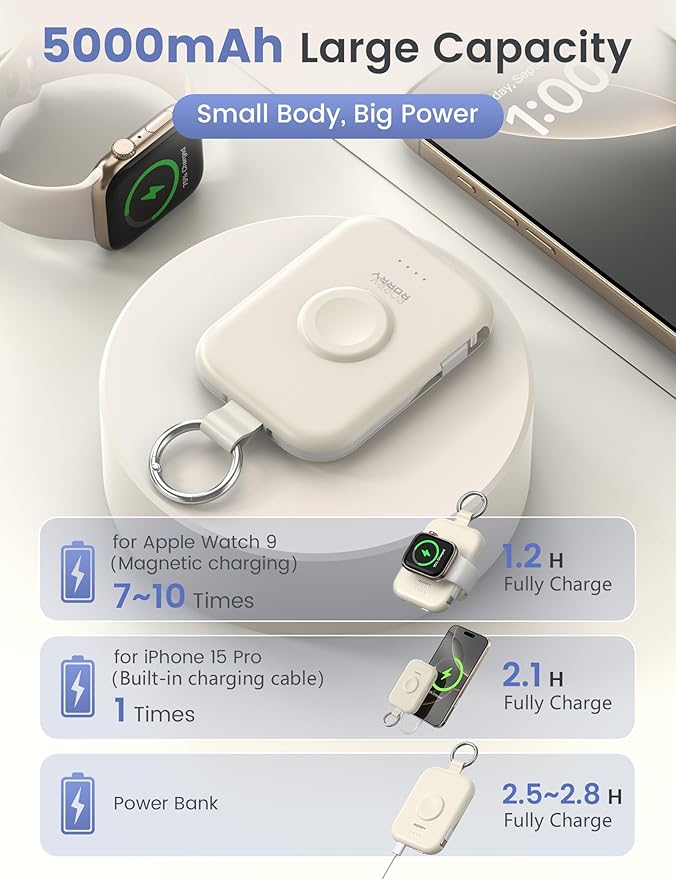 RORRY CharmGo Portable Charger, 5000mAh Portable Charger Power Bank with Built-in Cables, Travel Keychain Battery Pack for Apple Watch and iPhone Air/17/16/15/14/13/12, Starlight