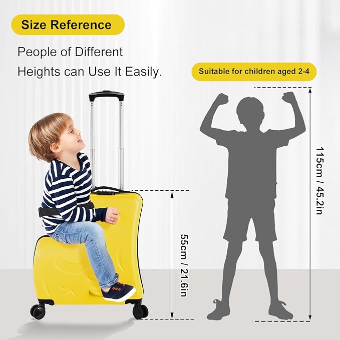 22 Inch Kid Ride Suitcase, Kid Travel Trolley With Safety Belt, Kids Luggage Seat Ride With Lock, Luggage For Kids Airplane Travel,Suitcase To Aged 1-6 Years Old, ABS+PC (Yellow)