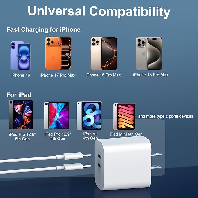 iPhone 17 16 15 Charger Fast Charging Cord 10FT Long USB C Charging Cable with 20W Type C Charger Block for iPhone 17 Pro Max/17 Pro/17/Air, 16 15 Pro Max/16 15 Pro/16 15,iPad Pro/Air, Android Phone