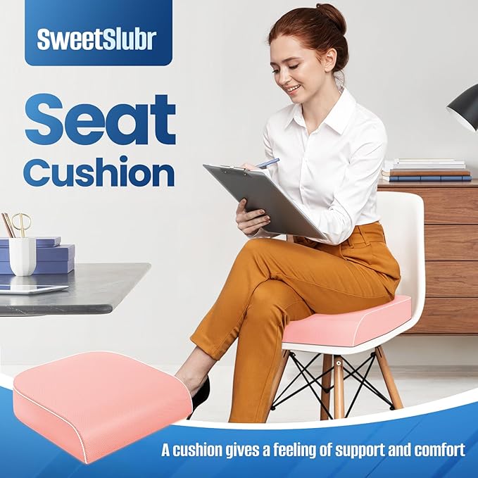 SweetSlubr Seat Cushion for Tailbone Pain Relief, Office Chair Cushion, Memory Foam Large Chair Cushion with Non-Slip Cover for Soft Support at Office Chair, Car Seat, Airplane Pink/X-Large
