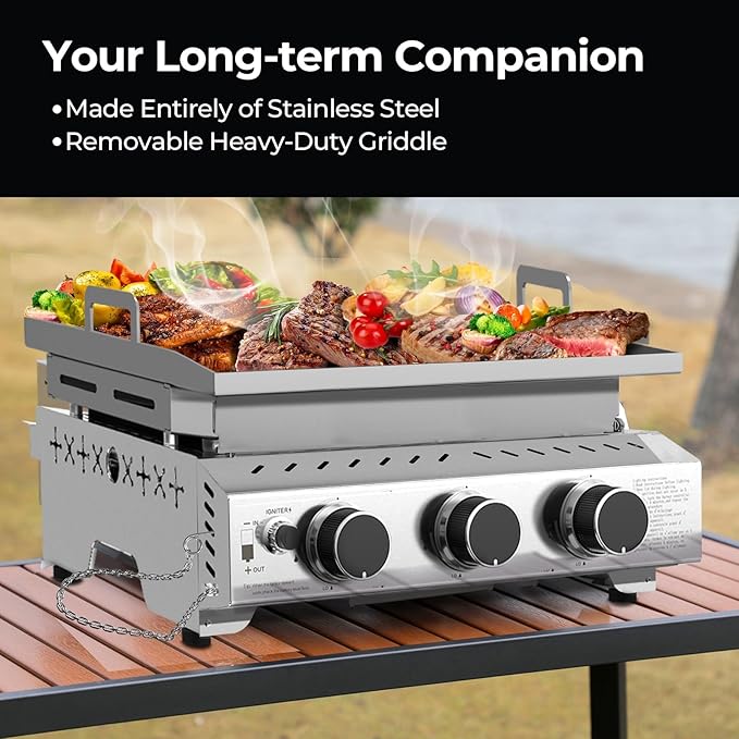 R.W.FLAME 3 Burner Tabletop Propane Griddle, 25" Stainless Steel, 24,000 BTU, Flat Top Grill for Outdoor BBQ, Camping & Patio
