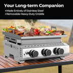 R.W.FLAME 3 Burner Tabletop Propane Griddle, 25" Stainless Steel, 24,000 BTU, Flat Top Grill for Outdoor BBQ, Camping & Patio