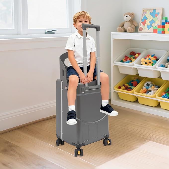Kids Ride-on Luggage with Foldable Back Rest, 22" Carry On Luggage Travel Trolley Case with Seat for Children, Top Opening Suitcase with Spinner Wheels and Lock (Dark Grey, 22 Inch)
