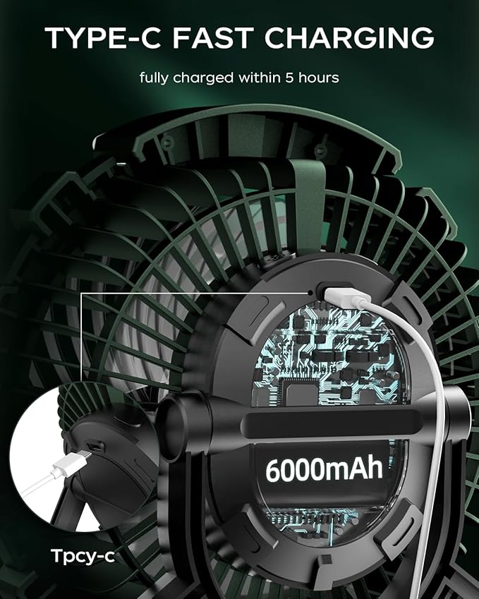 ASNUG Camping Fan with LED Lantern, 6000mAh Battery Operated Rechargeable Fan, 3 Speeds,180° Rotation, Portable Desk Fan with Hanging Hook, Tent Fan for Travel Camping Outdoor Fishing
