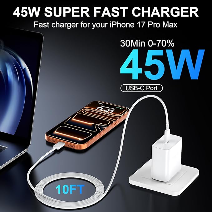 Phone 17 16 Pro Max Charger Fast Charging, 45W USB C Phone 17 16 Super Fast Charger Block with 10ft Long Type C Charging Cable Cord for i.Phone 17 Pro Max/17 Pro/17 Air/17/16/16Pro-White+Purple