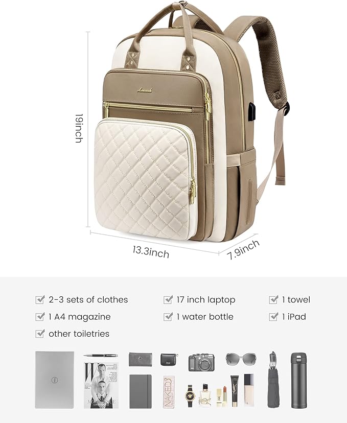 LOVEVOOK Laptop Backpack Purse for Women, 17" Laptop Bag with USB Port, Water Resistant Lightweight Daypacks for College Travel Work Business, Nurse Teacher Computer Bags, Khaki Beige
