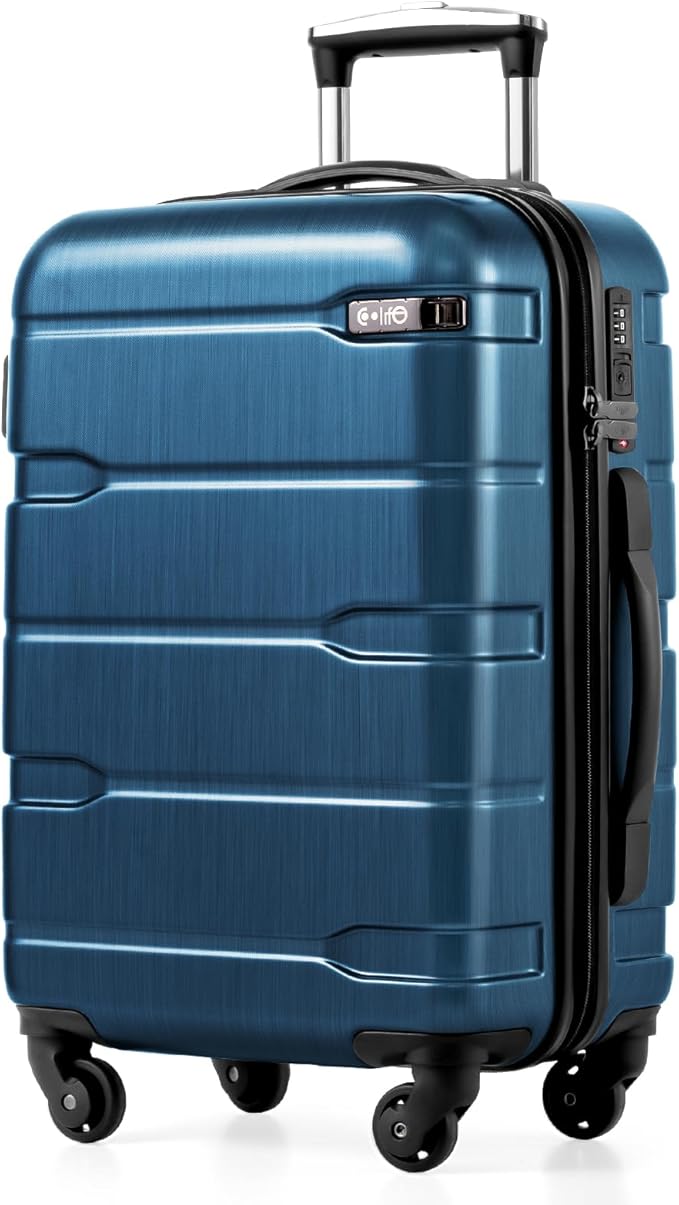 Coolife Carry On Luggage 22x14x9 Airline Approved Hardside PC+ABS Suitcase with TSA Lock, Lightweight Rolling Travel Luggage with Spinner Wheels(Caribbean Blue, 20in)