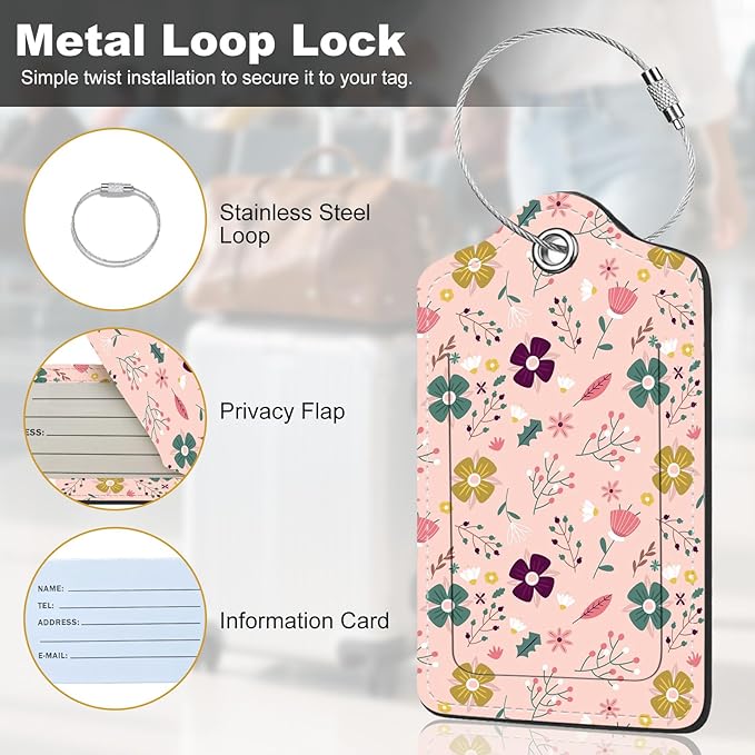 2Pack Luggage Tags for Suitcases, Cute Unique Pu Leather Cruise Luggage Tag with Privacy Cover ID Label Address Card and Metal Ring Suitable for Women Men Kids Travel Bag Yellow and green floral print