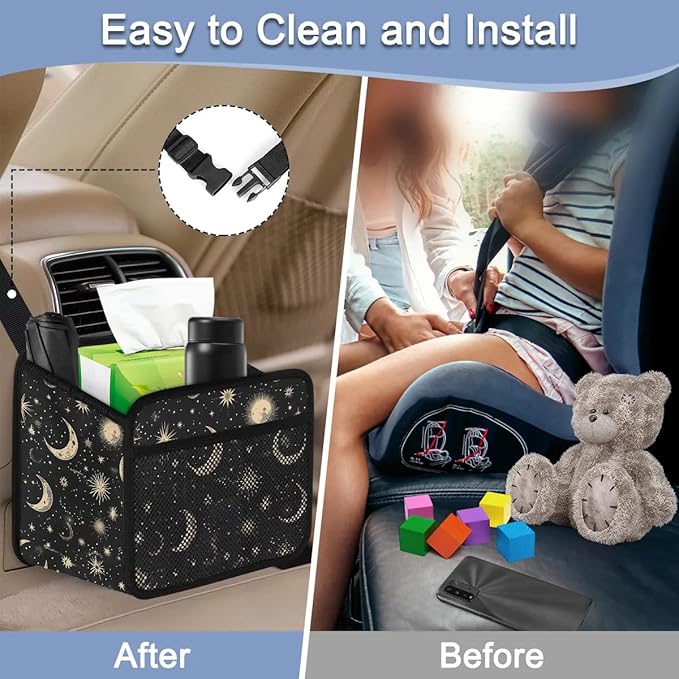 Car Backseat Organizer, PU Leather Back of Seat Car Hanging Organizer with Pockets Leakproof Car Garbage Bag Hanging Car Seat Storage Box Travel Accessories Foldable (Moon & Stars Black)