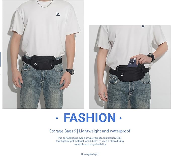 Slim RFID Blocking Money Belt for Travel - Anti-Theft Hidden Passport Holder Waist Wallet with Secure Pouch for Cash, Credit Cards & Phone Safe (Black)